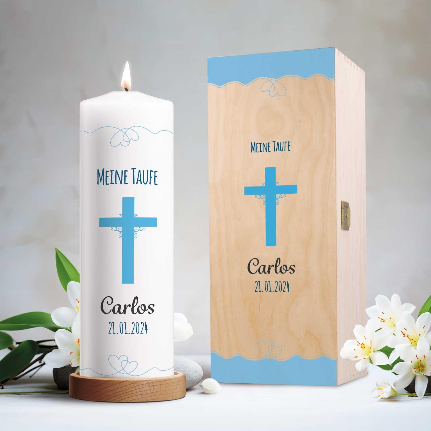 GRAVURZEILE Cierge de Baptême en Forme de Croix avec Nom, Date et Phrase - Bougie Pilier de Qualité Supérieure 250 x 80 mm - Impression Brillante - Cadeau Personnalisé