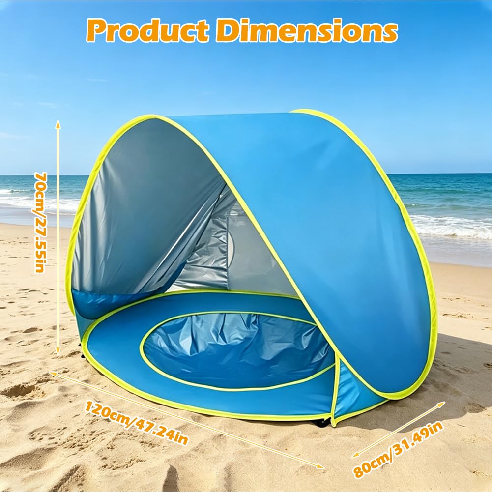 Strandmuschel mit Planschbecken, Aufklappbares Strandzelt mit UV-Schutz 50+ und Planschbecken für Strand, Camping und Garten, Inkl. Tragetasche (Blau)