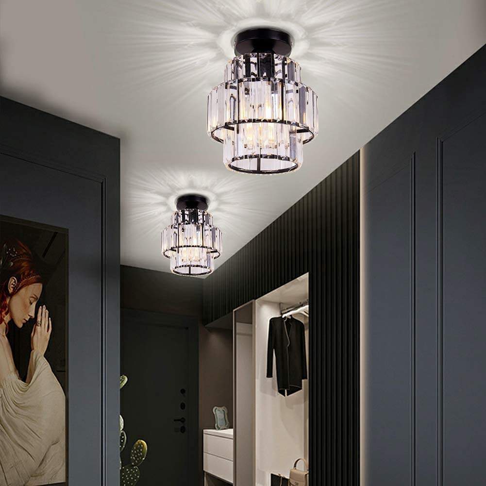 Mini-Kronleuchter Double-Layers Crystal Kronleuchter Flush Mount Deckenleuchte Modern Kronleuchter Beleuchtung für Schlafzimmer Flur Bar Küche Bad （black）