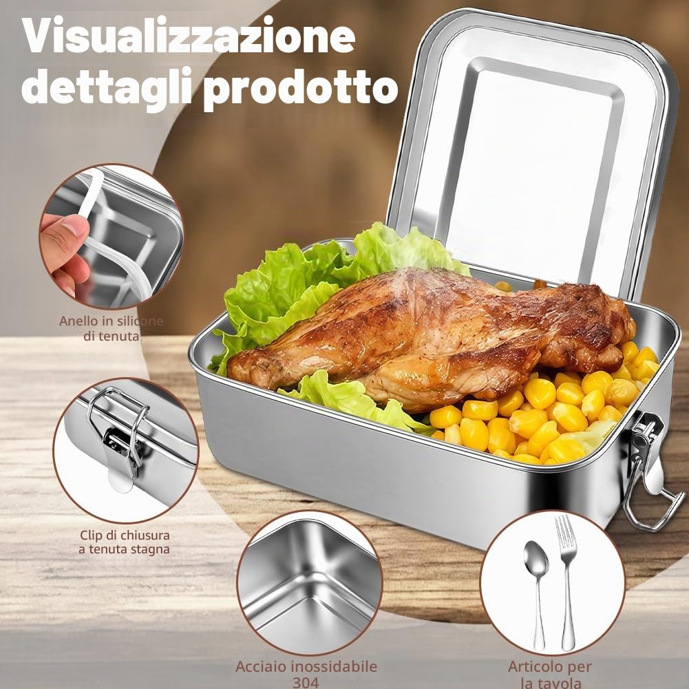 Contenitore per Il Pranzo in Acciaio Inox, Porta Pranzo in Acciaio con 2 Scomparti 1200ml, Senza BPA, Bento Lunchbox Prova di Perdite per Adulti e Bambini