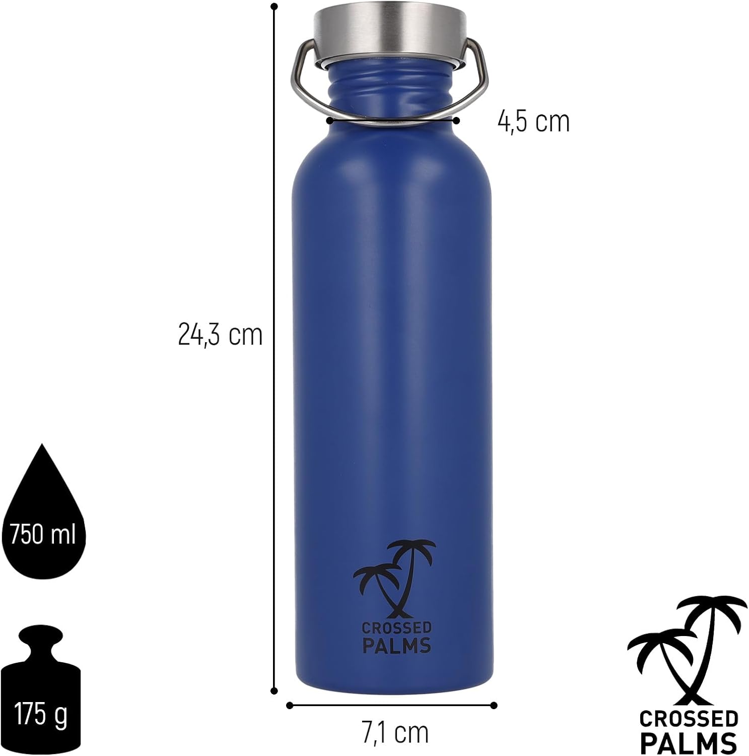 Stainless Steel Water Bottle, 750 ml, Blue, 7.1 x 24.3 cm, BPA Free, Leak-Proof, CP-10030
