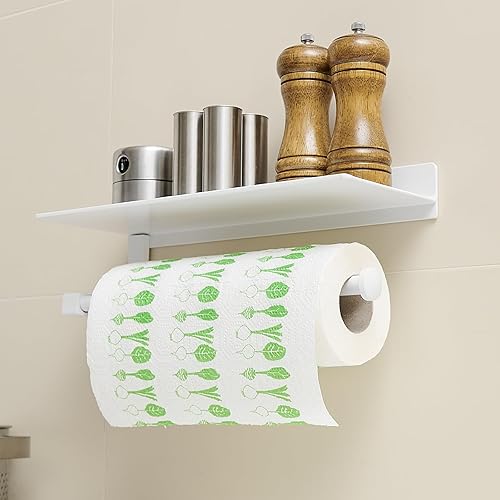 Miniatura 4 de Soporte de pared para toallas de papel para baño, soporte para toallas de mano para baño, soporte para toallas de papel negro con estante (blanco)