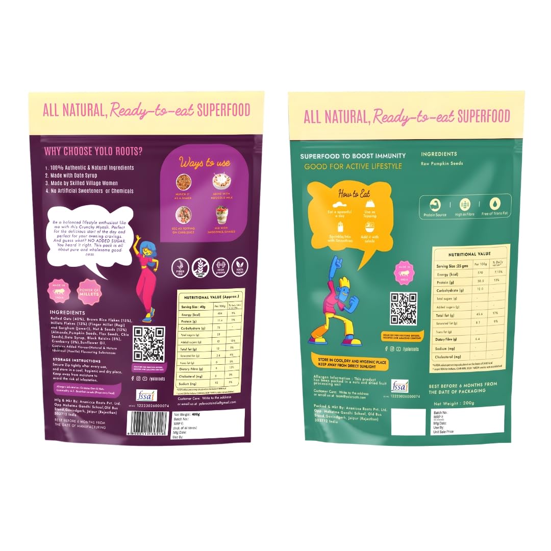 Yolo Roots Multigrain Crunchy Muesli 400g & Raw Pumpkin Seeds 200g Healthy Combo | High Fiber Breakfast Cereal & Protein Rich Seeds Snack (Pack of 2) 1