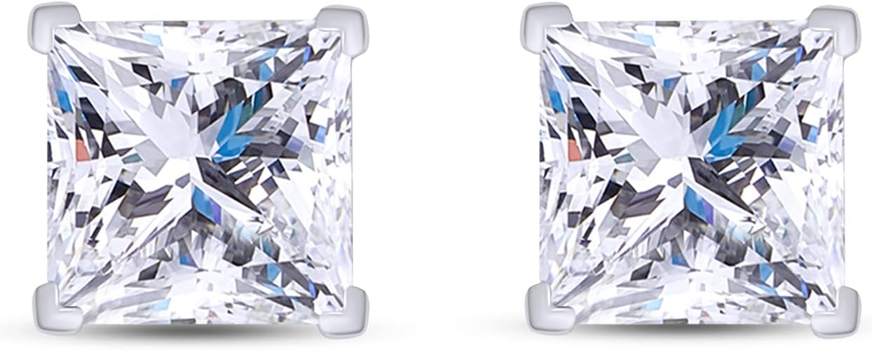 SAVEARTH DIAMONDS Princess Cut Lab Created Diamond Moissanite Square Stud Earrings, 925 Sterling Silver with 18K Gold Over 925 Sterling Silver