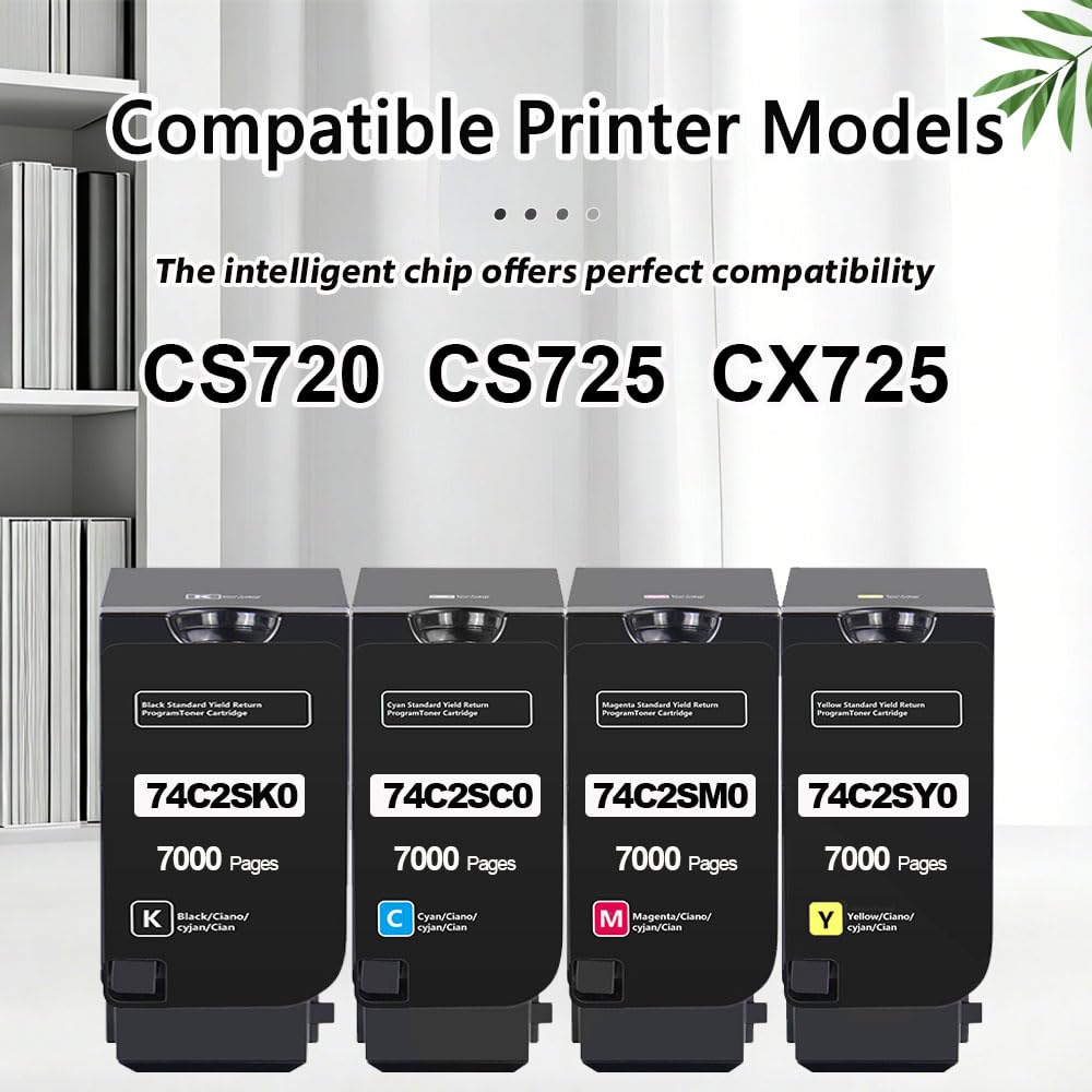 Kompatybilny z drukarką Lexmark CS720 CS725 CX725, zamiennik dla 74C2SK0 74C2SC0 74C2SM0 74C2SY0 kaseta z tonerem wyższa wydajność (74C2SC0-7000 stron)