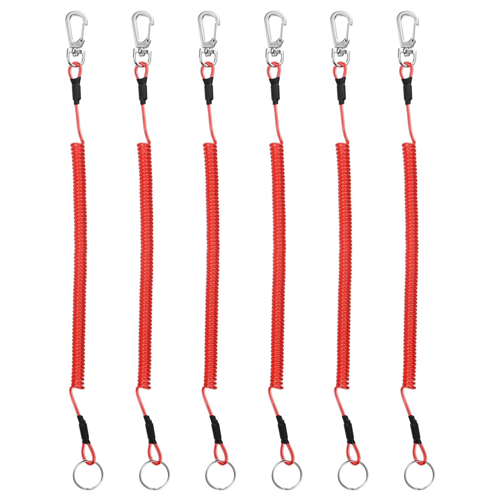 TIXIPEM 11.81IN Retractable Safety Coiled Lanyard [6PCS] - Steel Wire Fishing Rod Safety Lanyard with Zinc Alloy Lobster Clasp Use for Pliers Boating & Kayak Fishing - [Red]
