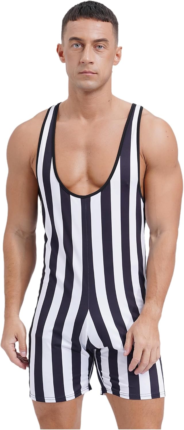 Vxuxlje Men's Striped Wrestling Singlet Boxer Bodysuits Sleeveless Shapewear Shorts Jumpsuits