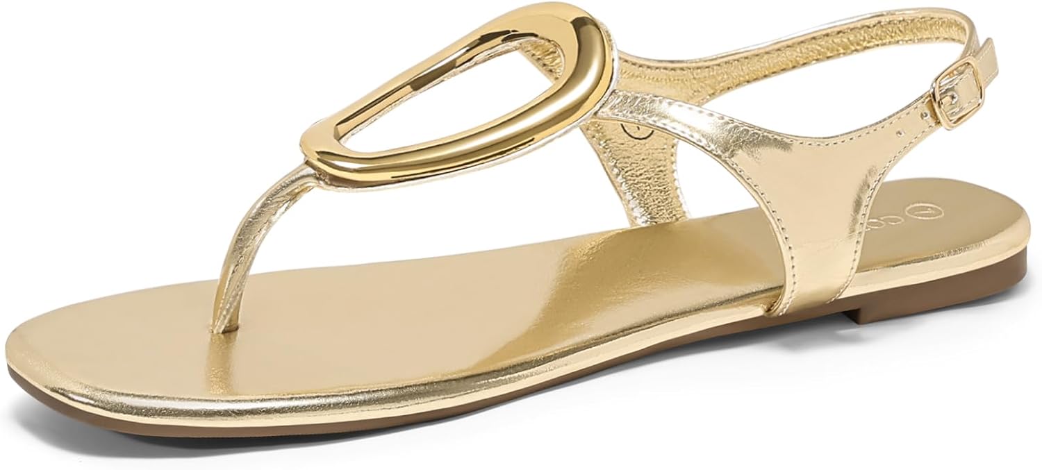 Coutgo Womens Flat Sandals Comfortale Flip Flops Ankle Strap Summer Beach Shoes with Metal Decoration