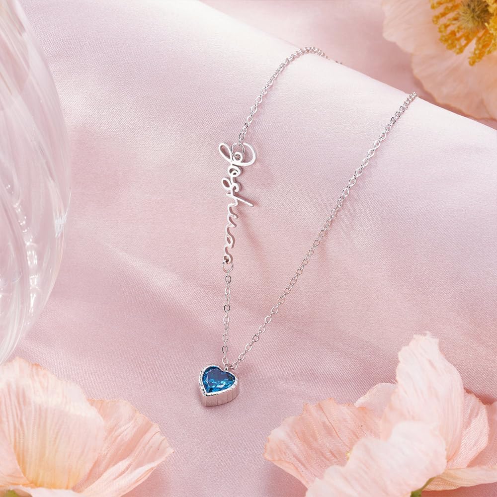 Personalized Heart Birthstone Name Necklace for Mom Custom Sideways Name Necklaces for Women January May July December Birthstones Necklace Rose Gold Sterling Silver Nameplate Pendant with Birthstone