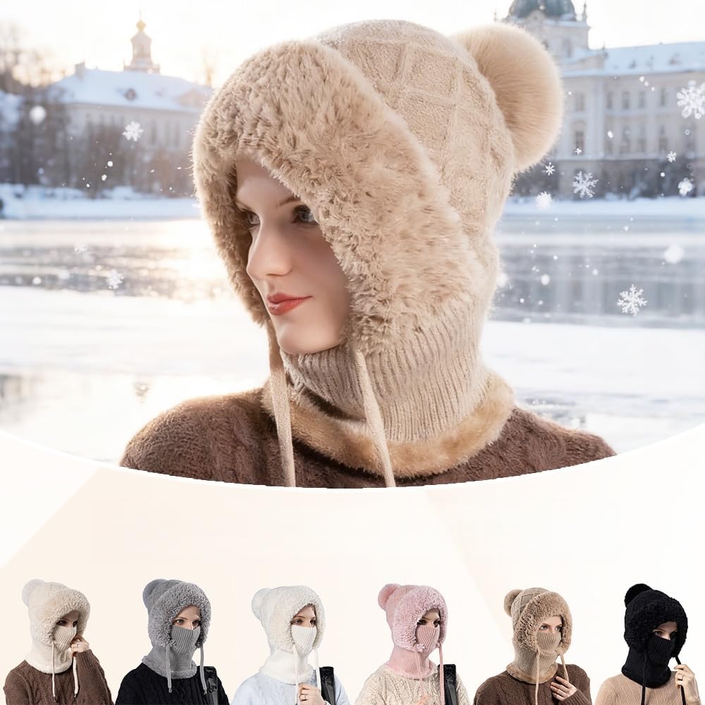 3 in 1 Beanie Hat with Scarf and Mask, 3 in 1 Beanie Hat for Women Fall Winter Warm Knitted Windproof Balaclava Scarf