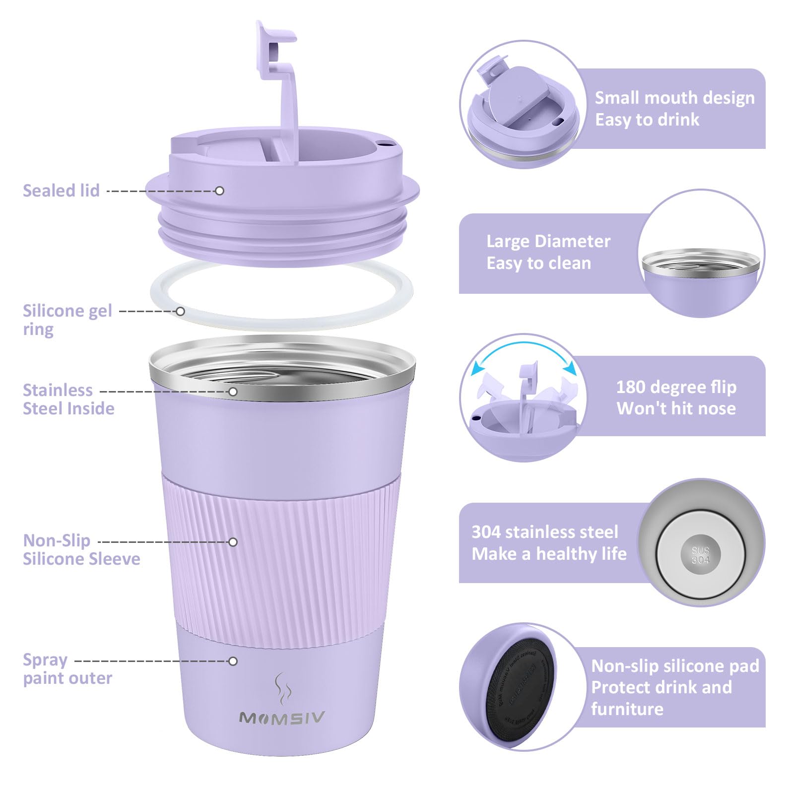 MOMSIV Coffee Cup, Insulated Coffee Cup with Leakproof Lid - Image 2