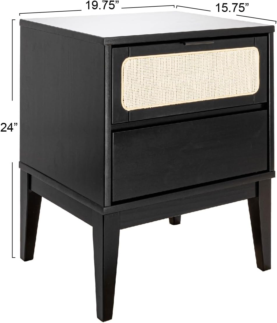 Creative Co-Op Crawford 2 Storage Drawers Woven Cane Detail, Stain Finish Nightstand, Black and Natural