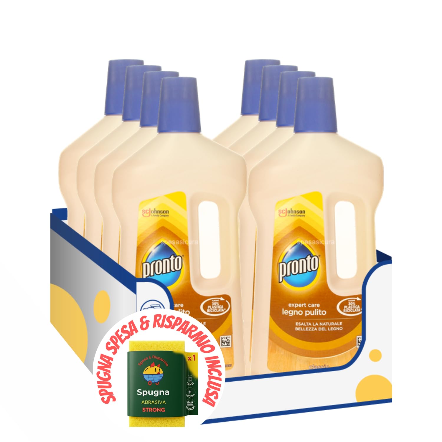 Detergente Legno Pulito Classic per Pavimenti e Mobili – Pronto | Variazioni 4/8/12 Pezzi – 750 ml (12) kit con Spugna Brandizzata SPESA & RISPARMIO Inclusa (8)