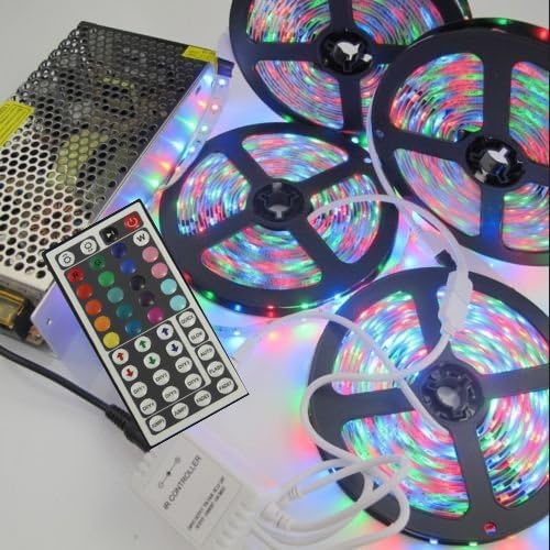 Edis New Non-Waterproof Flexible 20M 4x5M 3528 RGB SMD 1200 Leds Rgb LED Strip Light Color Changing Lamp+44 Key Remote Plus 10A Power Supply For Home and Party Christmas Xmas Holiday DC 12V