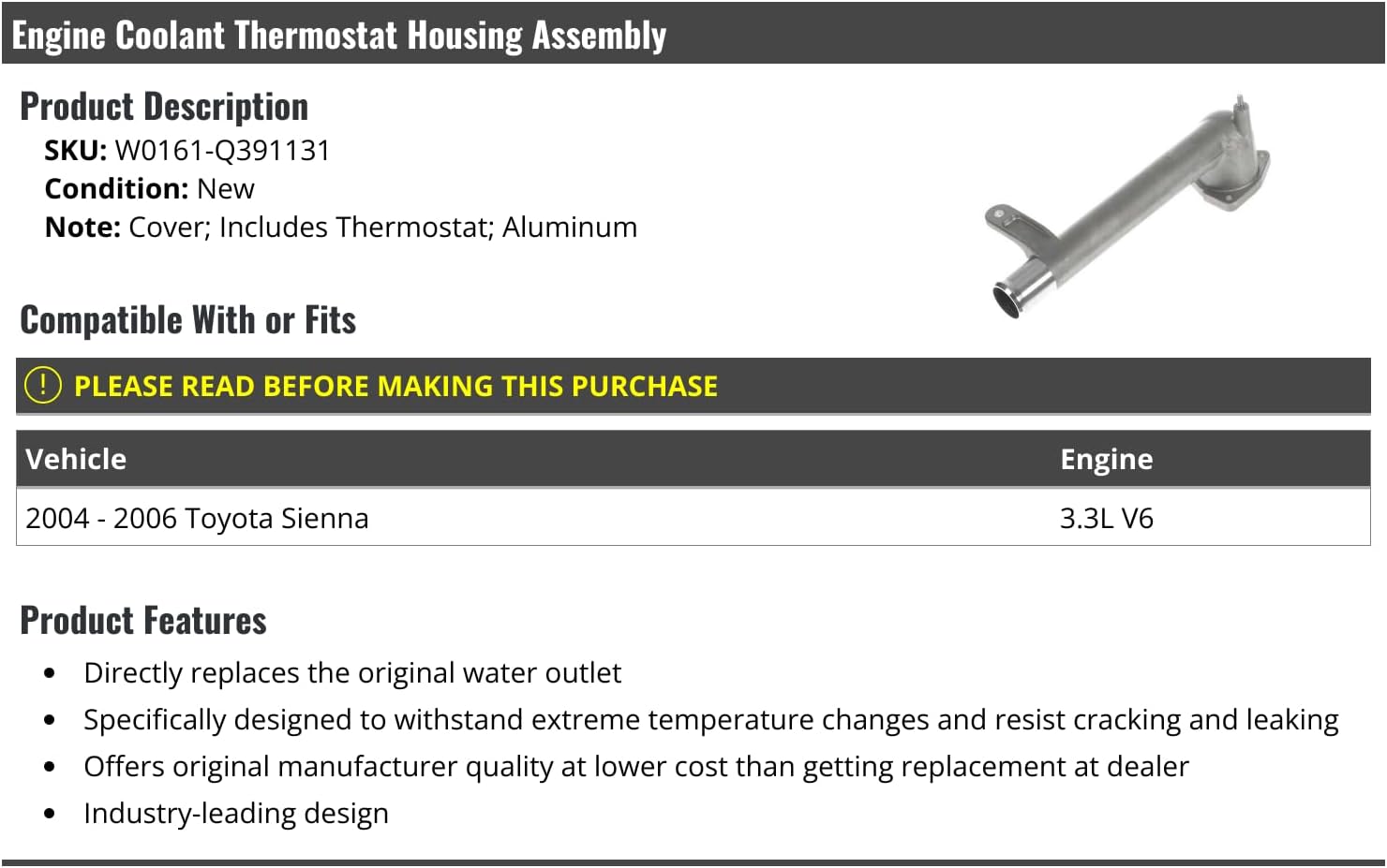 Engine Coolant Thermostat and Housing Assembly - Compatible with 2004-2006 Toyota Sienna 3.3L V6