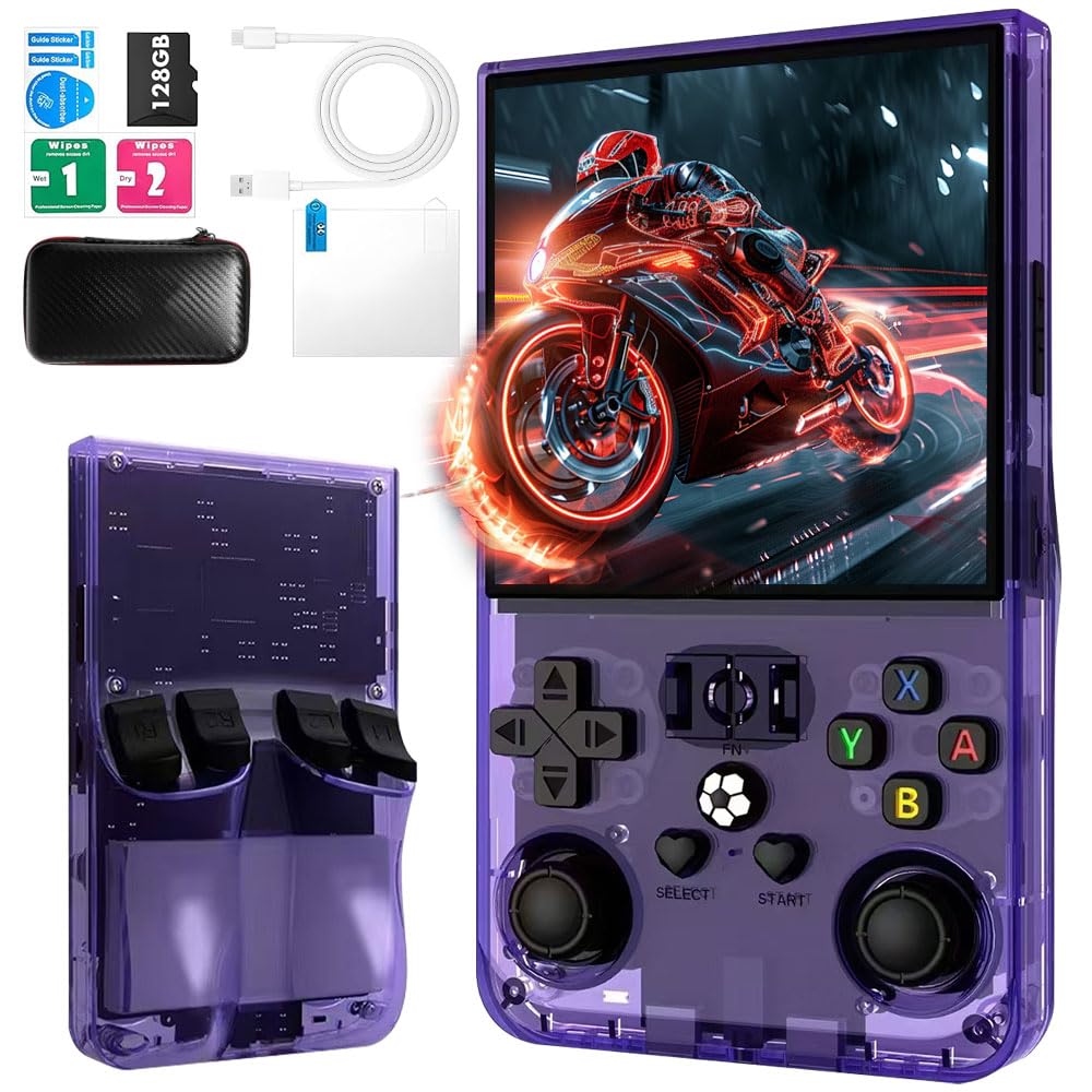 R36MAX Console Retro Game, 4 Pollici Console Portatile Gaming, Console Retro con 128 GB di Memoria, 22.000 Giochi & 30 Emulatori, Sistema Linux, Batteria 4000 mAh, Mini-Arcade (Viola)