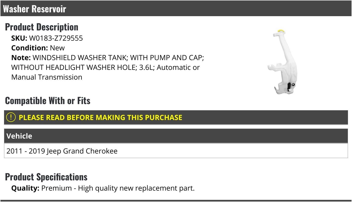 Marketplace Auto Parts Windshield Washer Fluid Reservoir with Pump and Cap - Compatible with 2011-2019 Jeep Grand Cherokee 3.6L (without Headlight Washer Hole)