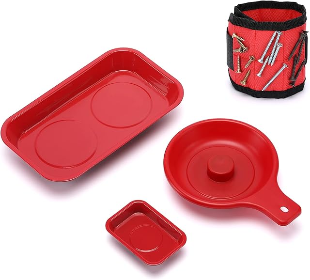 CASOMAN 4 Pieces Magnetic Tray and Wristband Set, Magnetic Parts Tray Set, Magnetic Wristband for women, men, Red