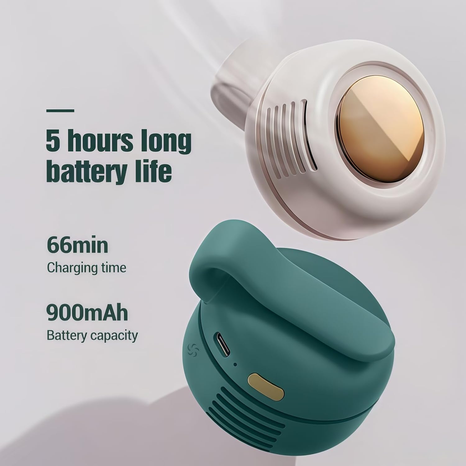 Bladeless fan showing 5 hours long battery life, 66 minutes charging time, and 900mAh battery capacity