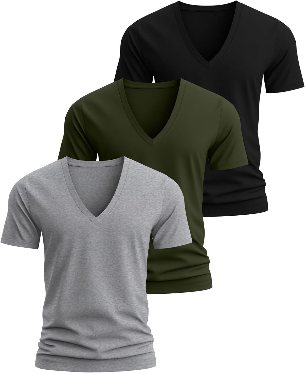 Huukeay 3 Pack Deep V Neck T-Shirts for Men Big and Tall Cotton Short Sleeve Tee Tops Slim Fit Casual Low Cut Shirts(Black, Army Green, Gray,Large) - Image 3
