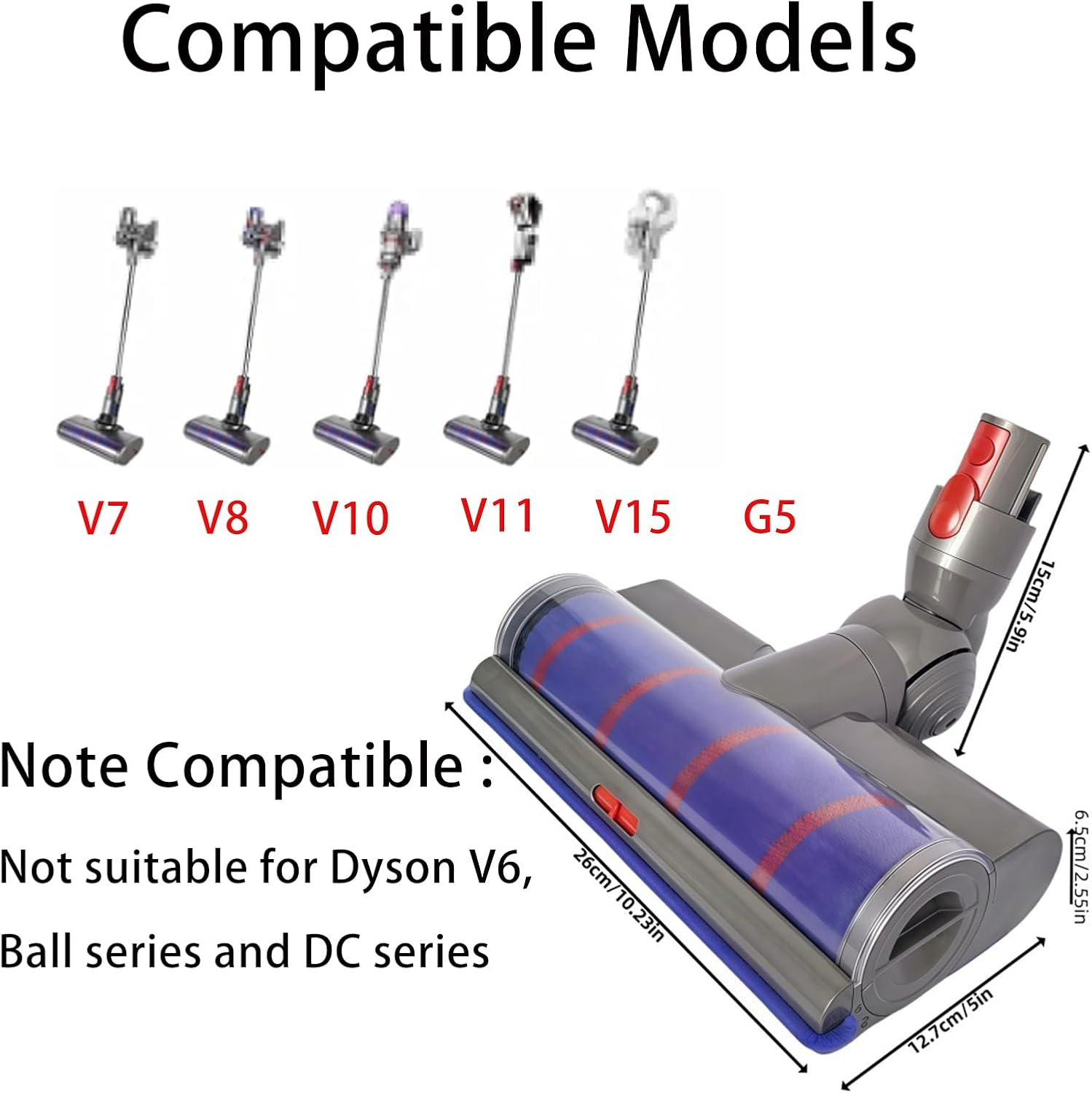 Vacuum Head Floor for Dyson V7 V8 V10 V11 V15 G5 Cordless Vacuum Cleaners Motorhead Cleaner with LED Light, Adjustable Direct Drive Cleaner Head Turbine Floor Tool for Hard Floor Short Pile Carpets