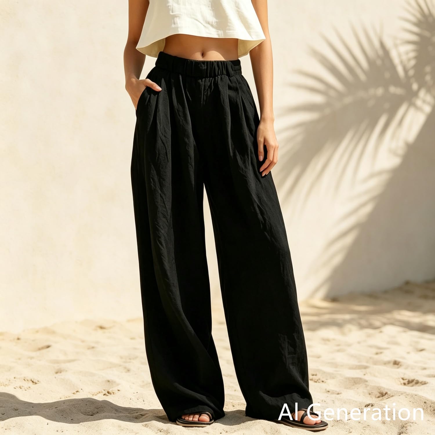 Generico Pantaloni Lunghi a Tinta Unita con Texture e Vita Elasticizzata | Pantaloni casual con vita elasticizzata e tasche oblique, ideali per viaggi, vacanze al mare e tempo libero