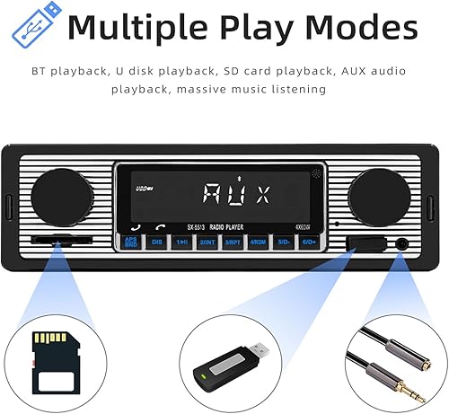 Miniatura 6 de Radio clásica para automóvil DIN con Bluetooth para automóvil, radio FM estéreo para automóvil, llamadas manos libres, puerto USBSDAUX, reproductor