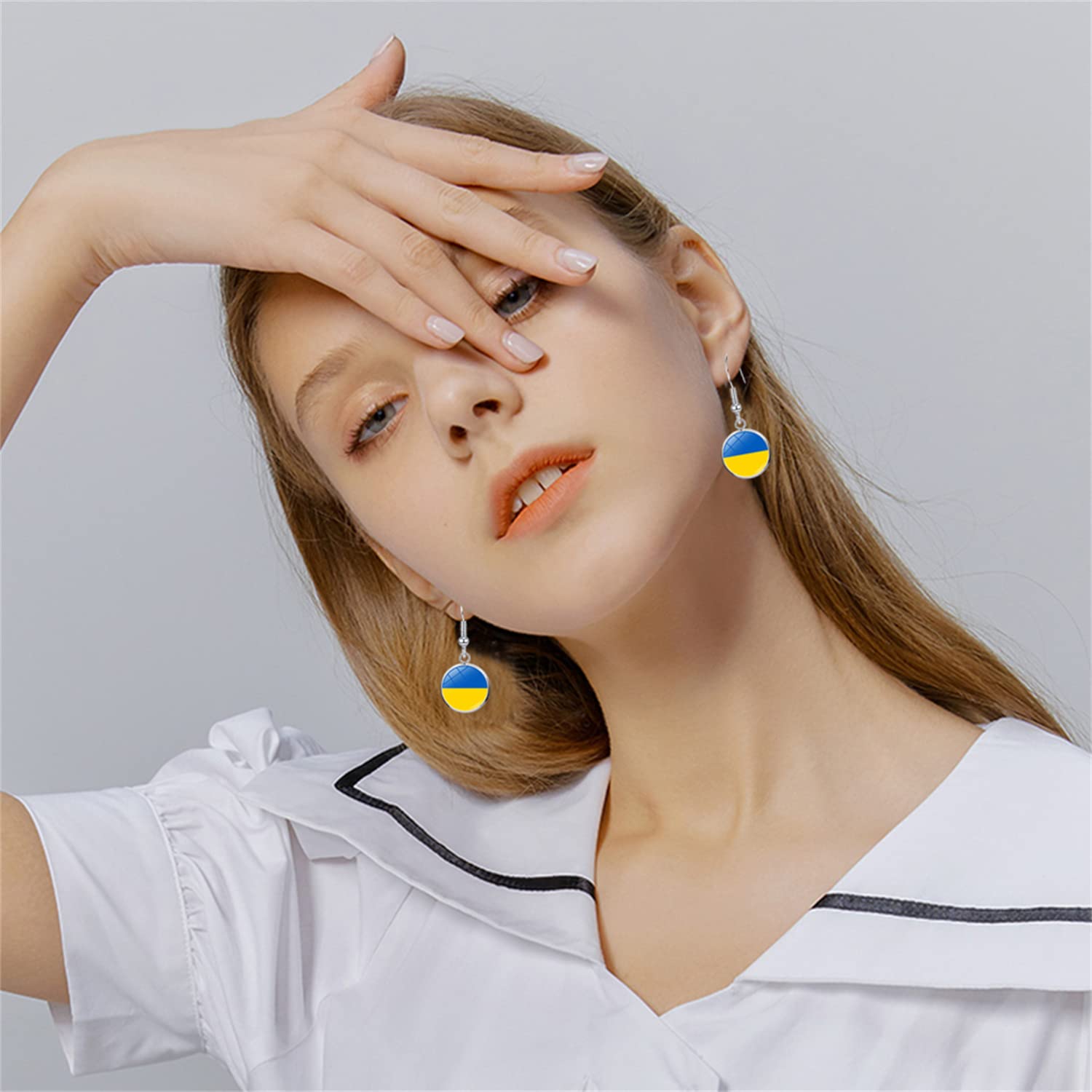 Unique Chic Blue Yellow Crystal Ukrainian Flag Dangle Drop Earrings Round Circle Hook Earrings for Women Statement Jewelry Gifts