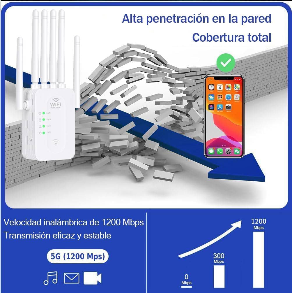 Repetidor WiFi 1200Mbps Doble Banda 5GHz 2.4GHz Amplificador Señal WPS 6 Antenas Externas