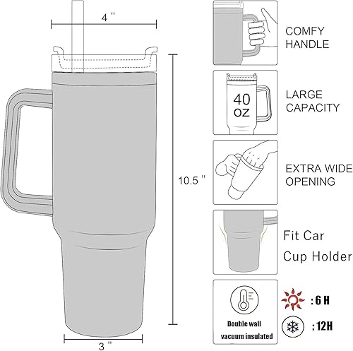 Miniatura 9 de Vaso de viaje aislado de 40 onzas con asa y popote, taza de acero inoxidable de doble pared al vacío que mantiene la bebida fría y caliente