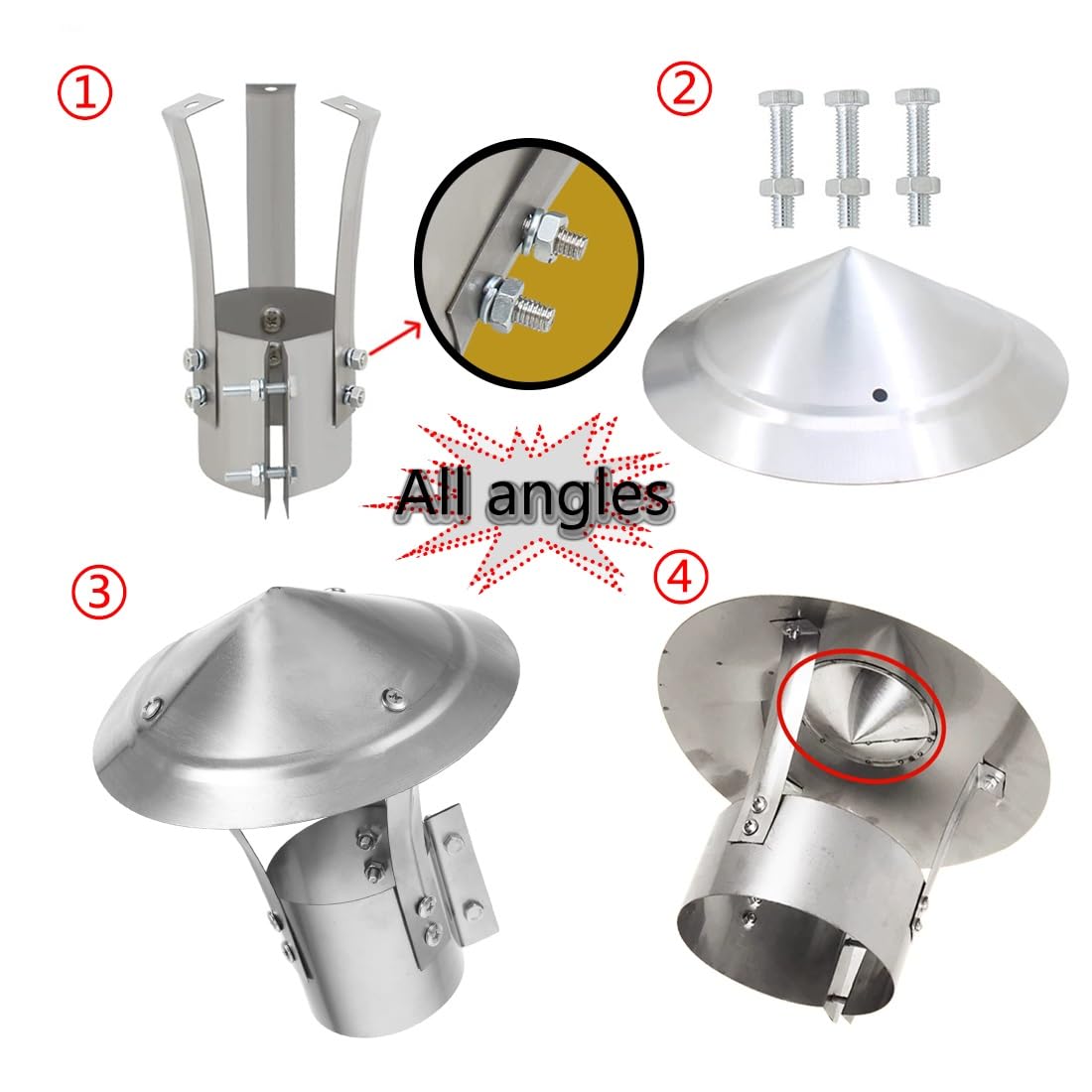 80 Cm~300 Cm Fumaiolo A Cappello Da Tetto In Acciaio Inox, Cappello Cinese Canna Con Doppio Top Conico Inclusi Accessori, Tappo Antipioggia Da Esterno Per Comignolo(300 mm/11.81 in)