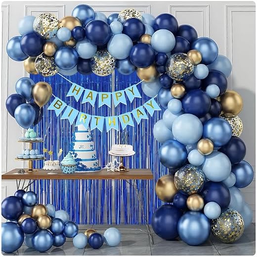 Shimmers Blue Birthday Decoration Kit with Tinsel Curtain Blue Balloons Gold Confetti Balloons Happy Banner Ribbon Glue Do...