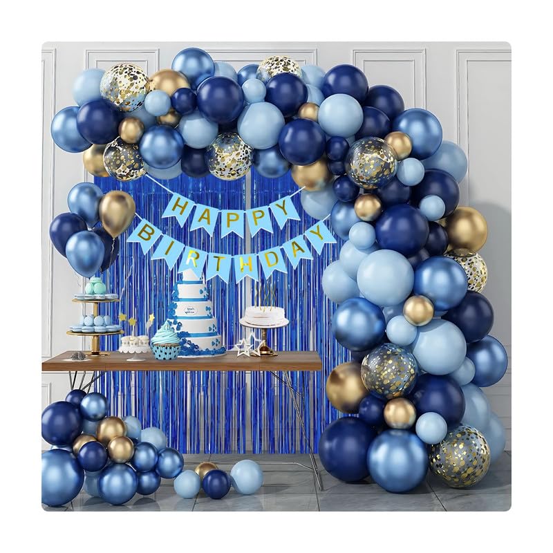 Shimmers Blue Birthday Decoration Kit with Tinsel Curtain Blue Balloons Gold Confetti Balloons Happy Banner Ribbon Glue Do...