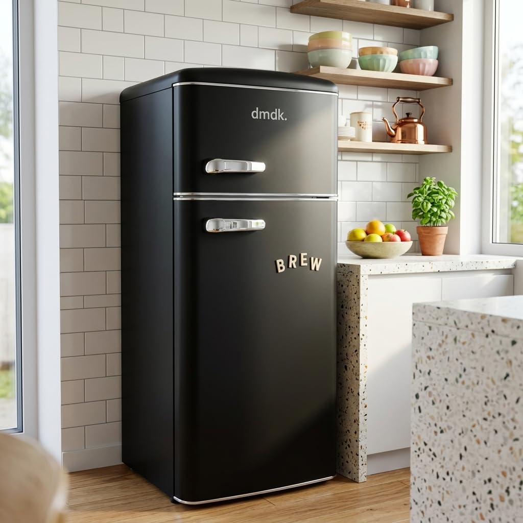 DMDK DKB2 Frigorífico Retro Independiente, Negro Mate, 208 l, 41 dB, con Compartimento Congelador, 146 x 61,50 x 55 cm