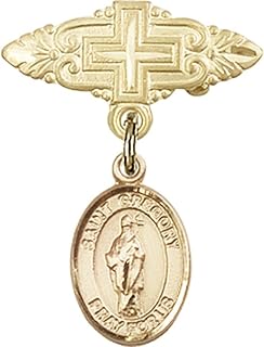 14kt Yellow Gold Baby Badge with St. Gregory the Great Charm and Badge Pin with Cross 1 X 3/4 inches