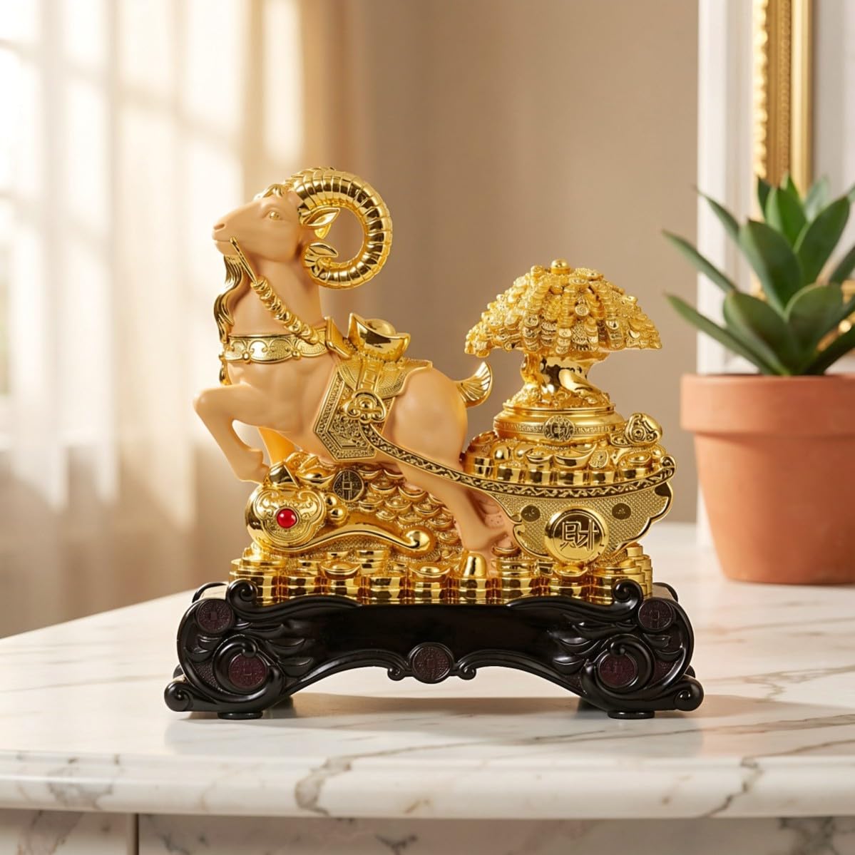 Goldene Ziegenfigur 2027 Harz Schafornament mit Barren und Resinbasis