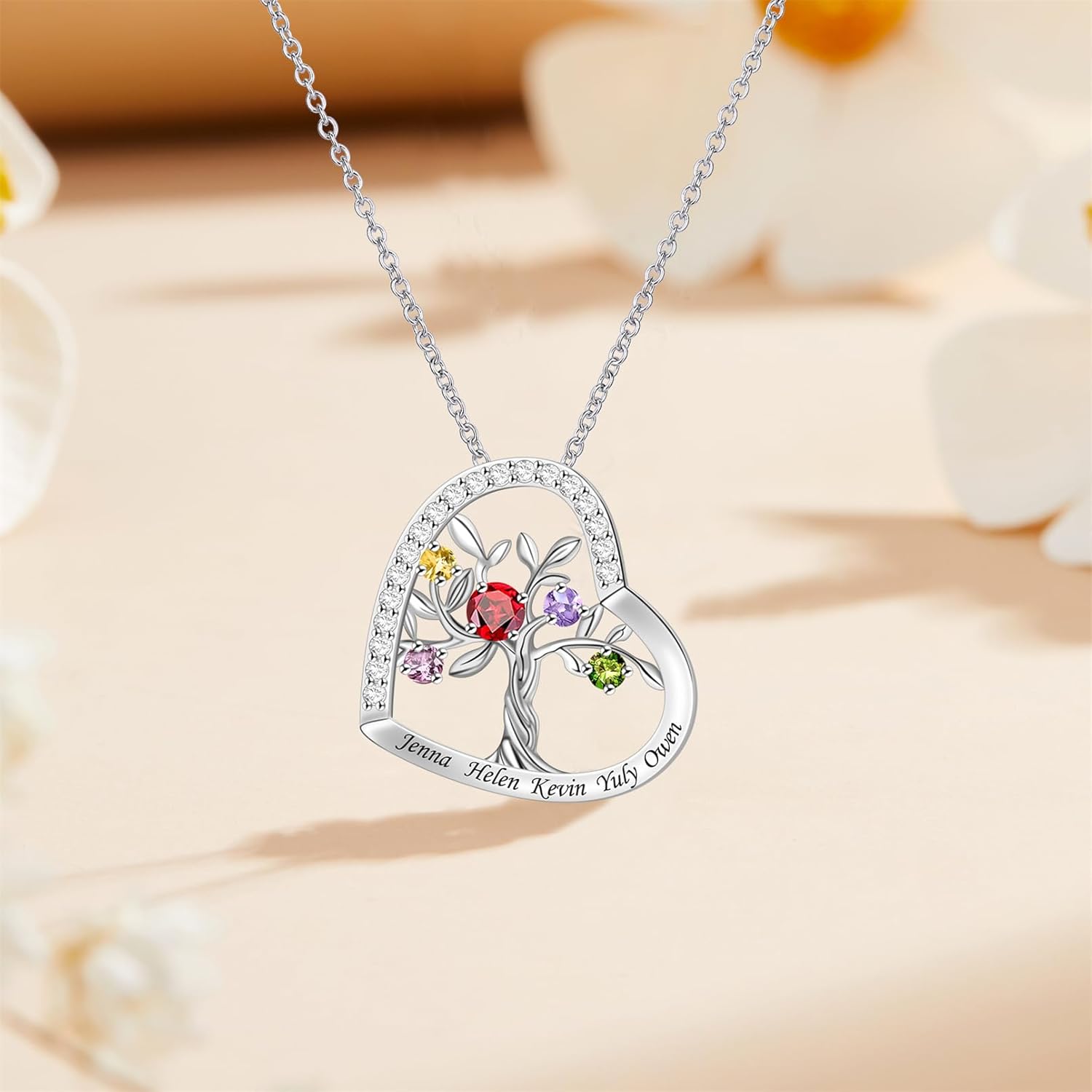 MissNaNa Personalized Family Tree Necklace for Women Birthstone Necklaces Custom Heart Necklace with Names Mothers Mama Jewelry Gift