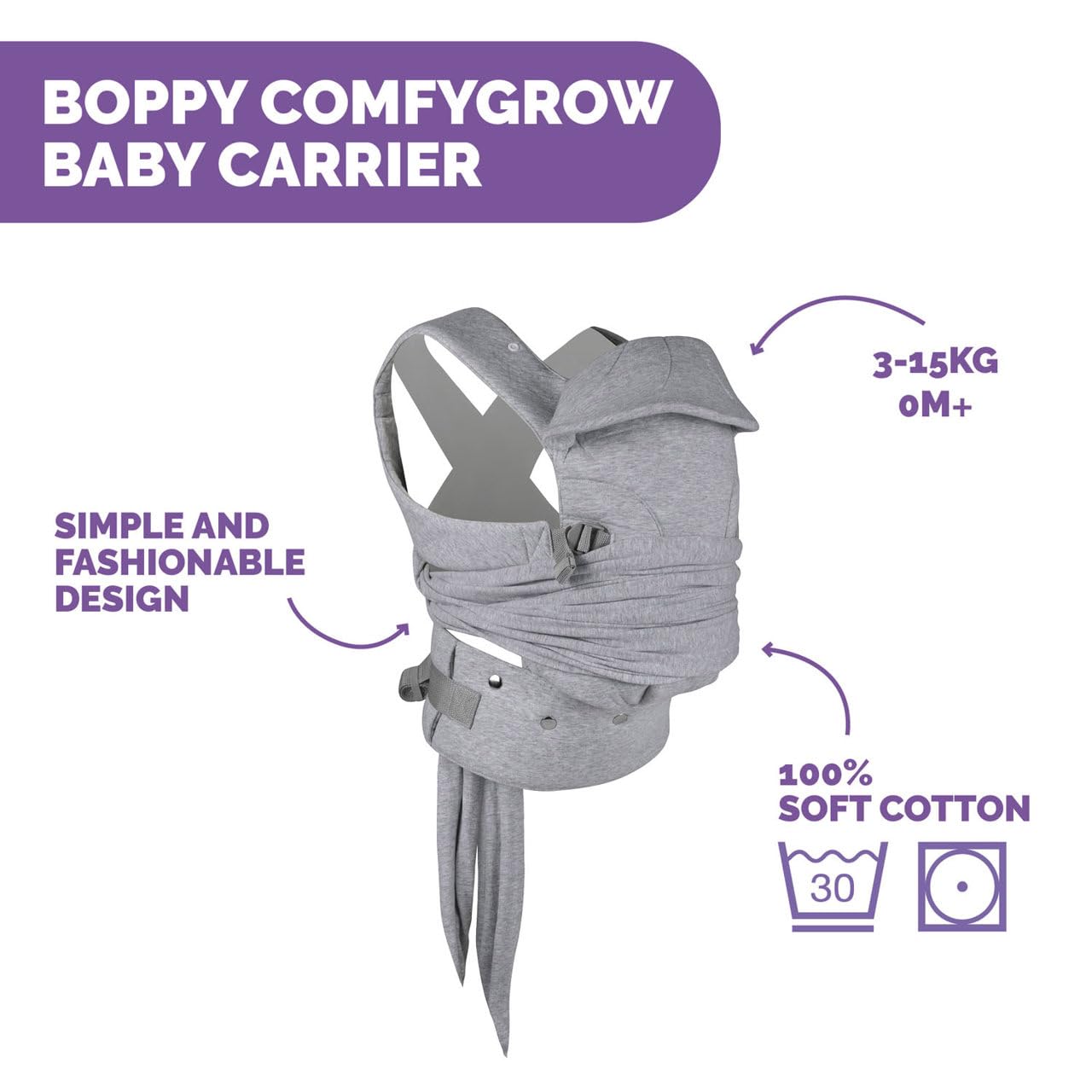 Boppy Comfygrow Porte-bébé pour nouveau-né facile à utiliser, réglable, ergonomique, avec support pour la tête et le cou, manches et siège réglables, en coton, pour 3 à 15 kg, à partir de 0 m +