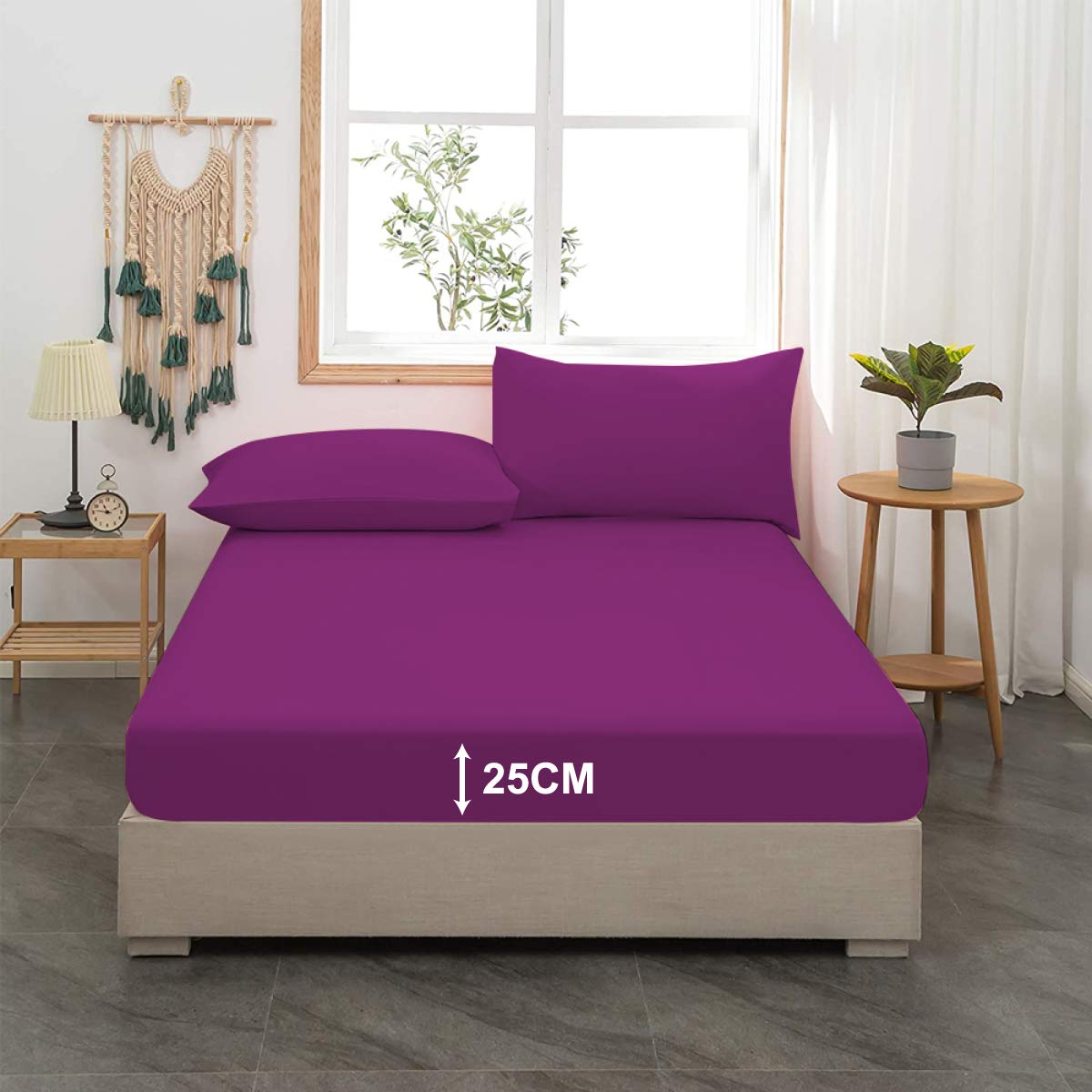 King Size Fitted Sheet -100% Poly Cotton Fitted Sheets King Size Non Iron 25cm Deep Fitted Sheets King Size Bed Covers 152 X 200, Purple Bed Sheets