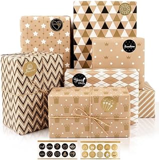 Gift Wrapping Paper Set, 8 Sheets Brown Gift Wrapping Paper Kit, Wrapping Paper Sheet for Birthday Graduation All Occasion, Black and Gold Kraft Gift Wrapping Paper for Men Women Boys Girls, 20x28 inch