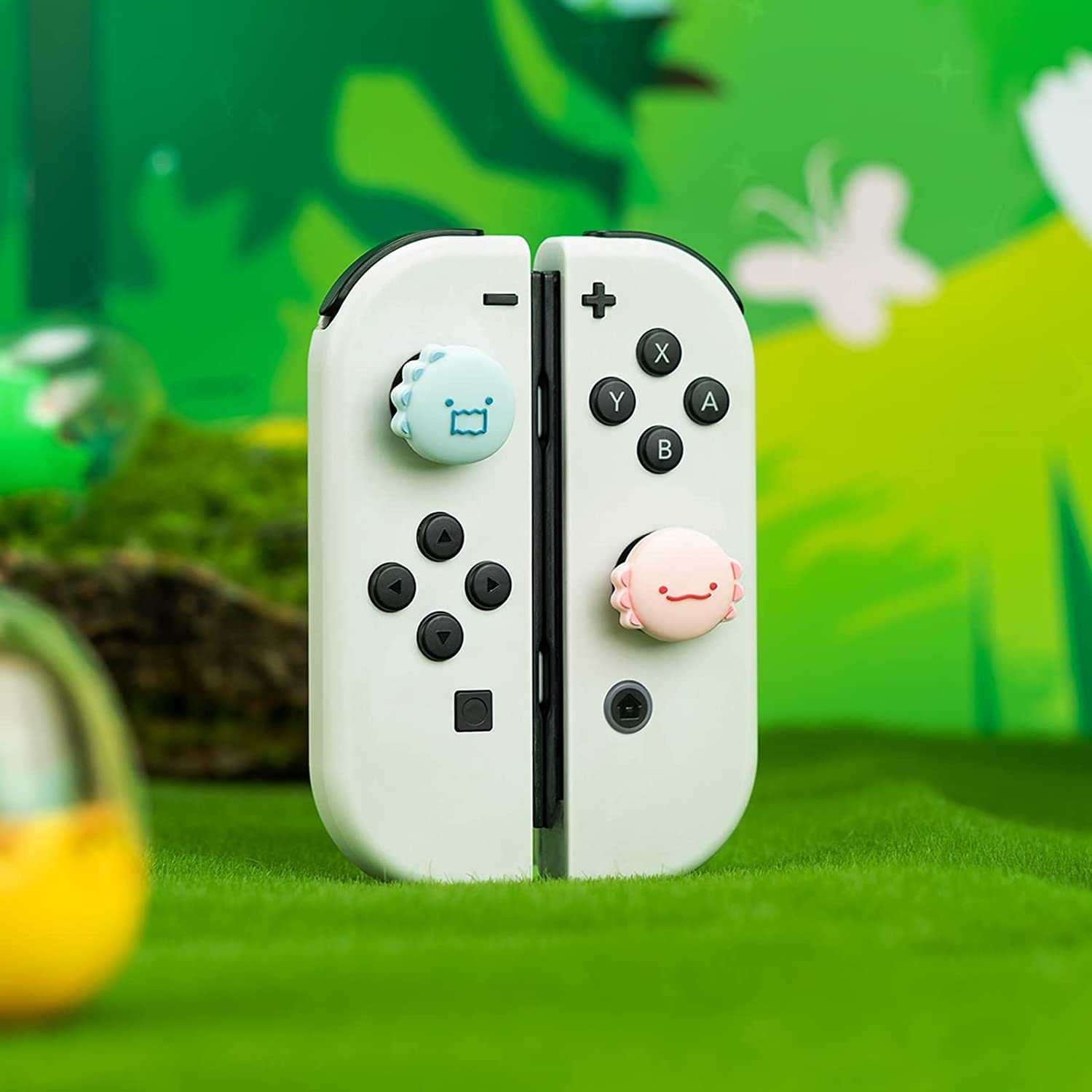 GeekShare Lindas tapas de silicona para el pulgar Joycon, funda para joystick compatible con Nintendo Switch/OLED/Switch Lite, 4 unidades, dinosaurio y ajolote
