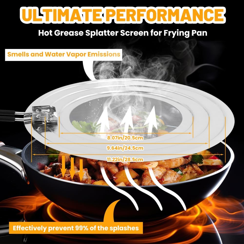 Stainless Steel Splatter Screen for Frying Pan, Grease Splatter Guard with Foldable Heat-Resistant Silicone Handle, Shields Stove Top from Bacon Fry Oil or Deep Fryer Splash(11.81inch)