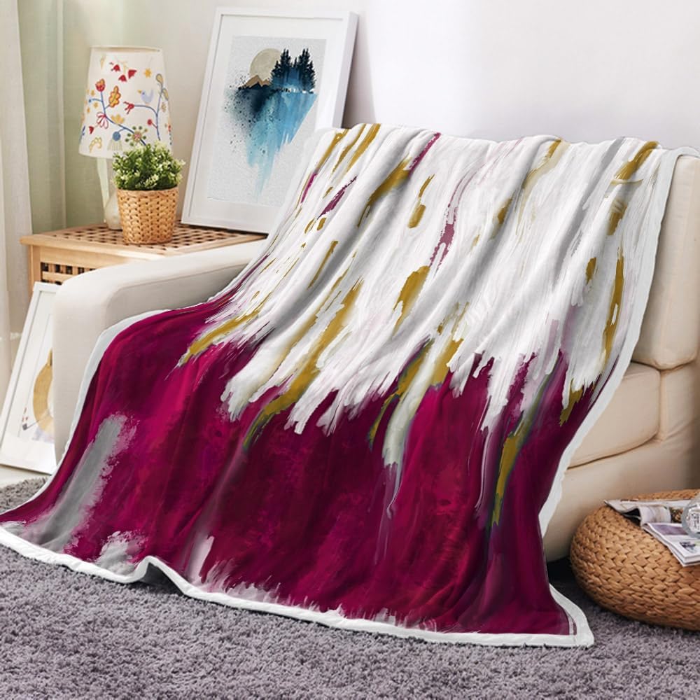 Abstract Ombre Throw Blankets, Modren Chic Art Oil Painting Cozy Warm Bed Couch Blanket, Burgundy Gold White Fleece Flannel Throws to Decorate The Room and Bedroom