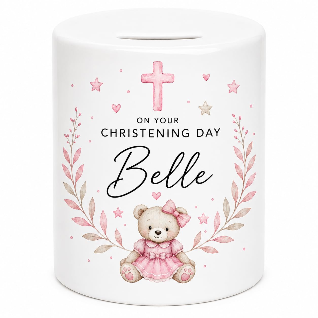 Personalised Christening Ceramic Money Box – Custom Baby Keepsake Coin Pot – Teddy Bear Christening Gift for Boys & Girls (Pink Christening Money Box)