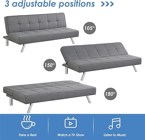 Miniatura 7 de Deck Chair Convertible Futon Grey Linen Fabric Sofa Bed Adjustable Sleeper with Stainless Steel Legs
