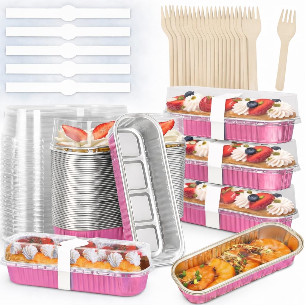 120pcs Mini Loaf Pans with Lids and Spoons, 200ml Rectangular Aluminum Foil Baking Pans Mini Cake Tins Containers with Sealing Sticker for Bread Cake Wedding Birthday Picnic Party (SET OF 30) (Pink)