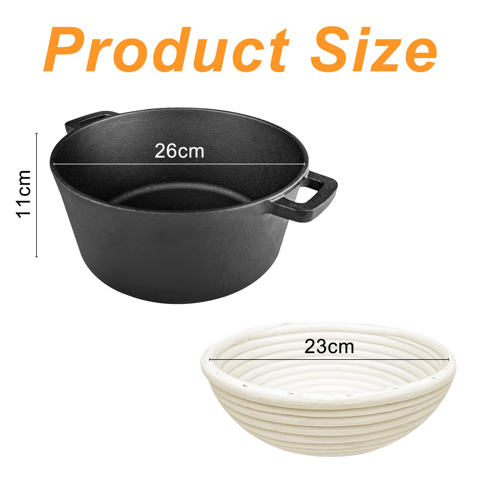 Olla de Hierro Fundido 26 cm, Para Hornear Pan Olla con Cesta de Fermentación, Horno Holandés 2 en 1, Sartén Robusta Para Hornear Pan, para Camping, Cocina, Casera, Barbacoa, Bake