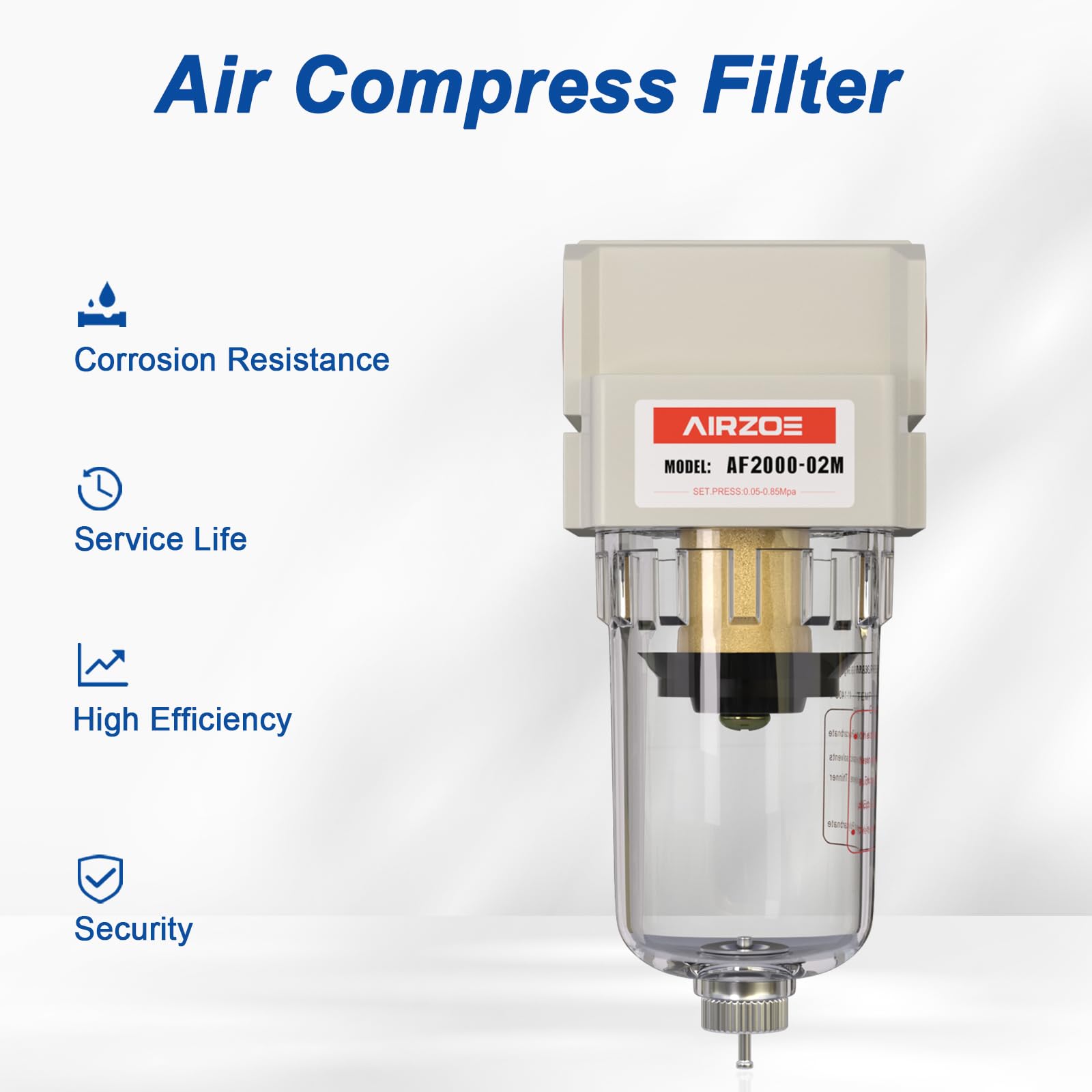 AIRZOE 1/4" NPT Compressed Air Filter AF2000-02M, Manual Drain,0-150psi — Amazon image 6