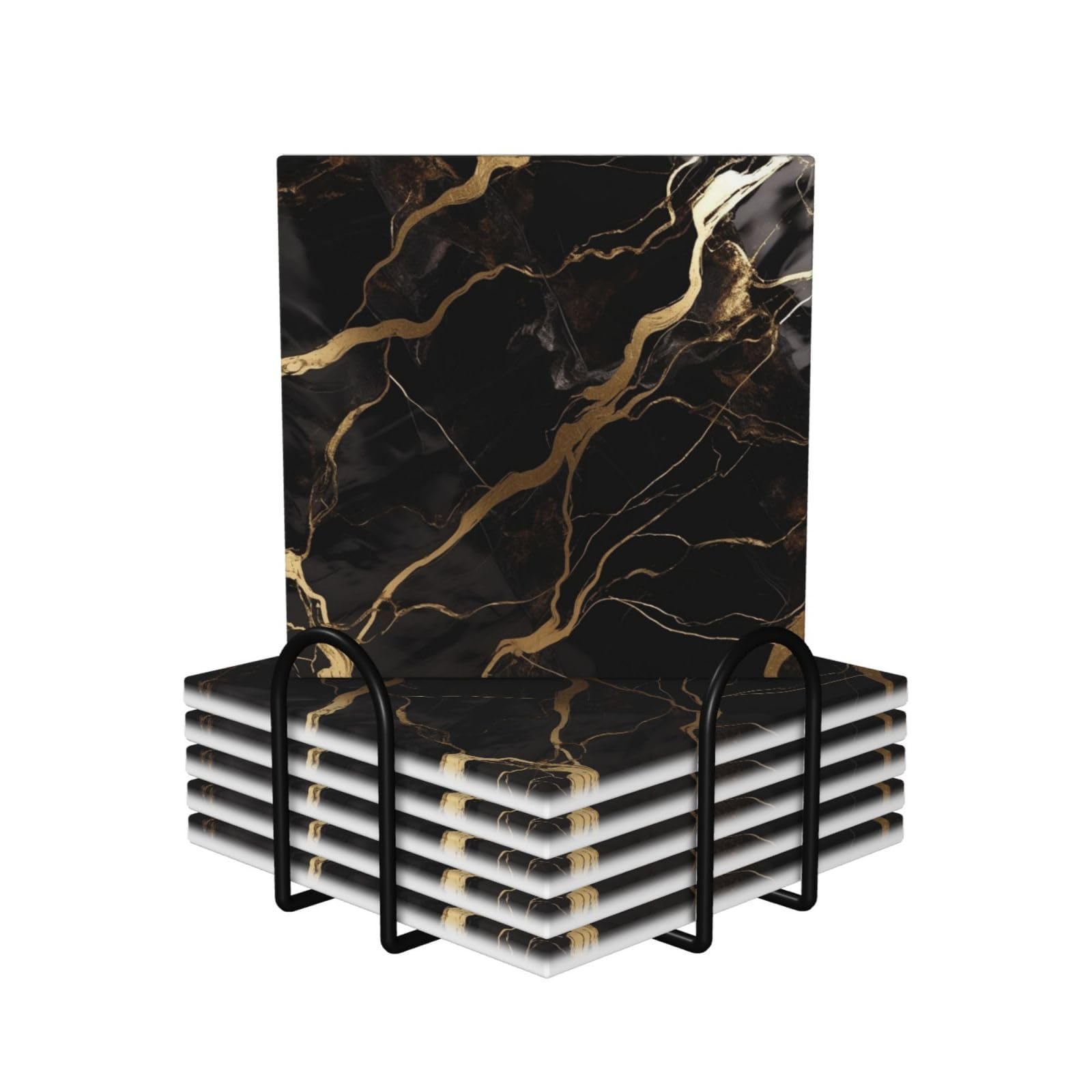 Dessous de verre en céramique (lot de 6) avec support en métal noir et doré pour table de salon