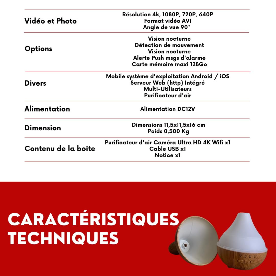 Générique Diffuseur huiles essentielles Caméra Espion 4k WiFi Zen